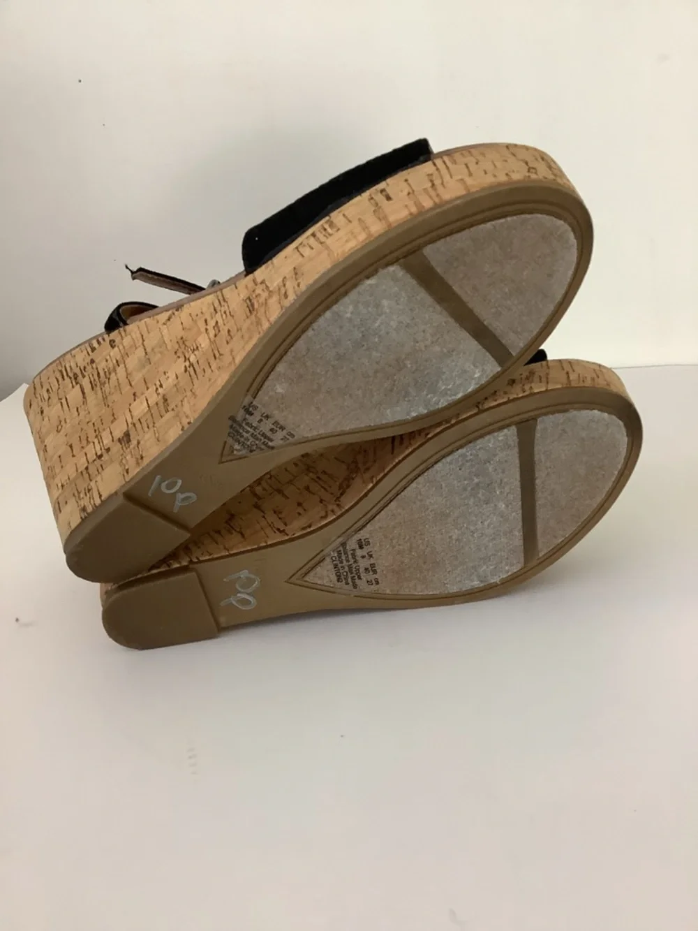 Franco Sarto Black Perforated T-Strap 4” Cork Wedge Sandals